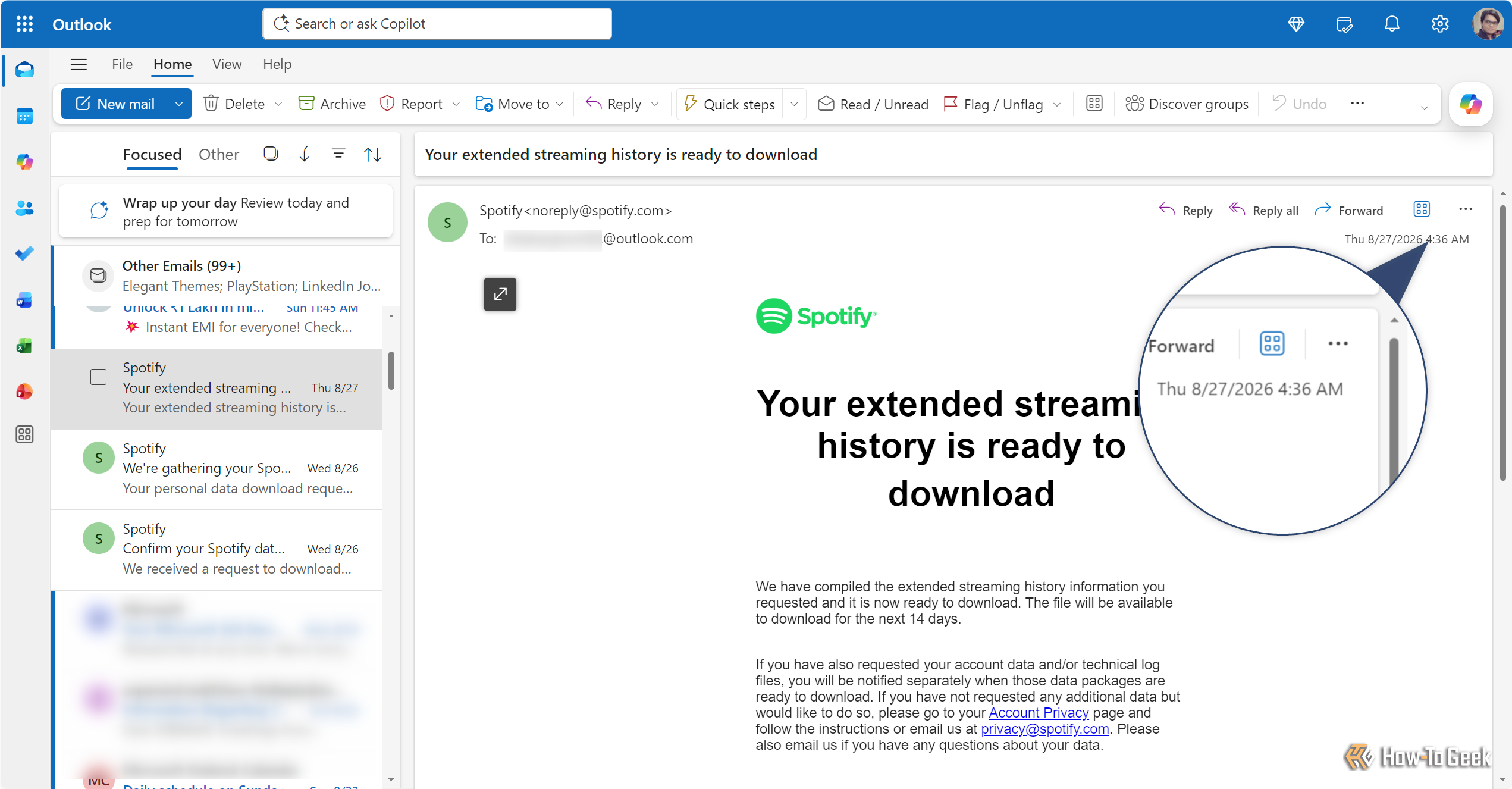 Spotify email saying the extended streaming history is ready to download, timestamped 27 August 4.36 AM.