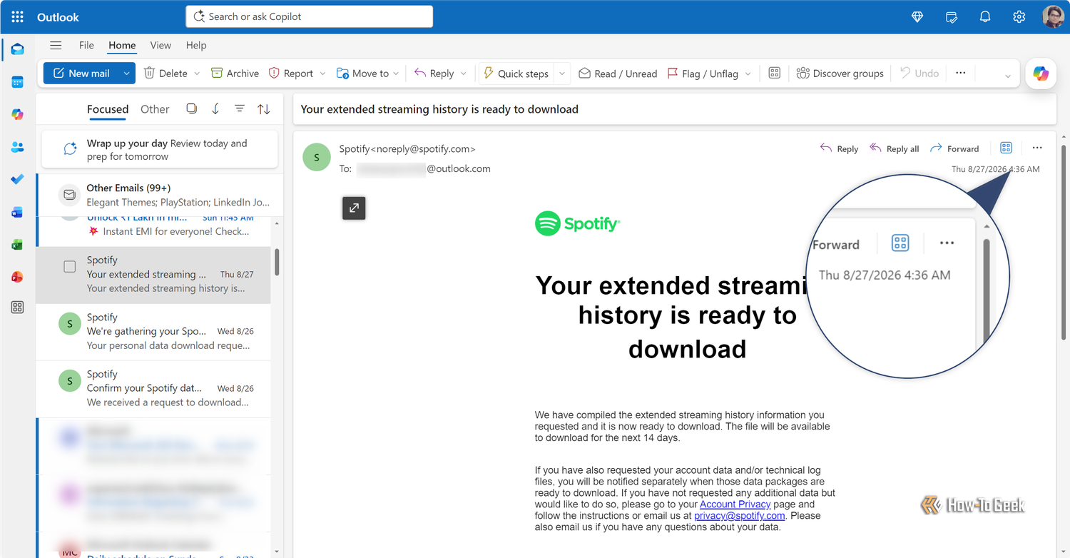 Spotify email saying the extended streaming history is ready to download, timestamped 27 August 4.36 AM.