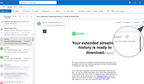 Spotify email saying the extended streaming history is ready to download, timestamped 27 August 4.36 AM.