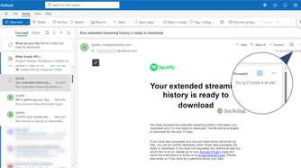 Spotify email saying the extended streaming history is ready to download, timestamped 27 August 4.36 AM.