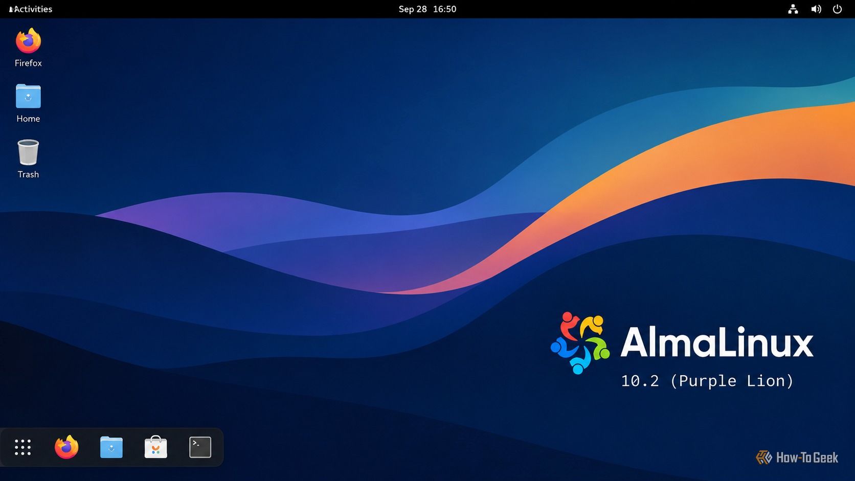 A screeshot of Alma linux desktop showing AlmaLinux logo.