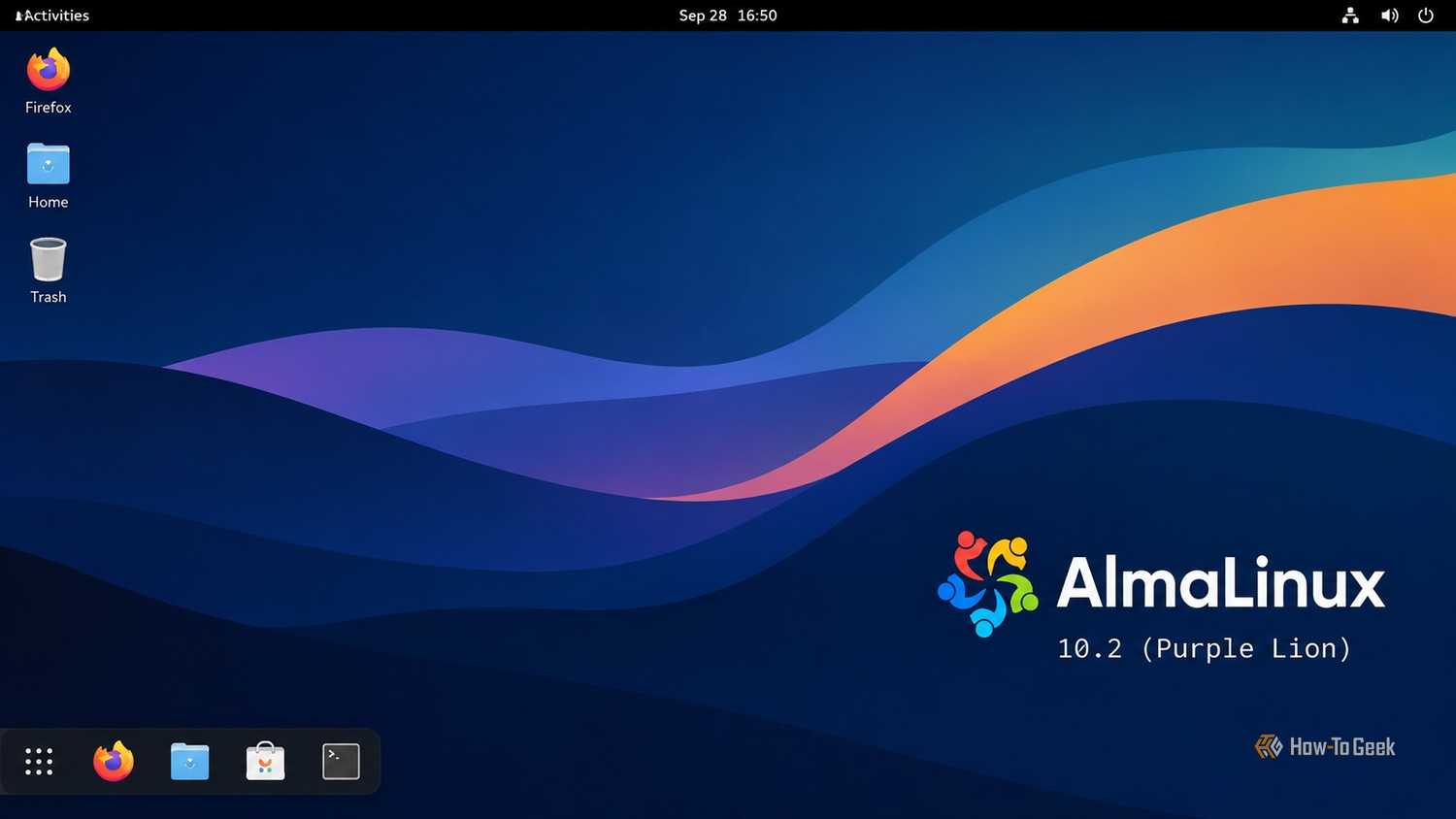 A screeshot of Alma linux desktop showing AlmaLinux logo.