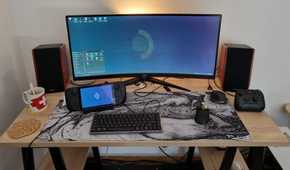 A docked Steam Deck used as a mini PC desktop.