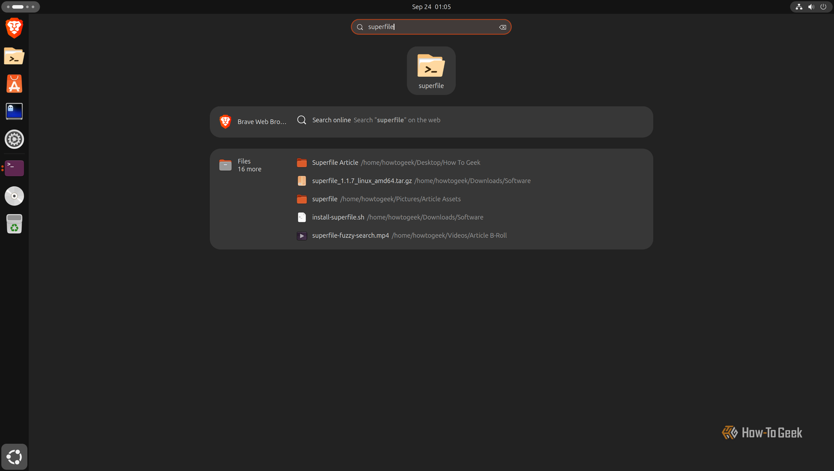 superfile appearing as a launchable app in the Ubuntu Activities search.