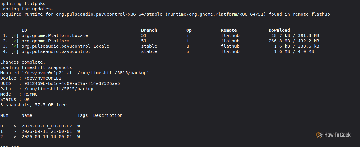 An update script showing flatpak updates and timeshift snapshots.