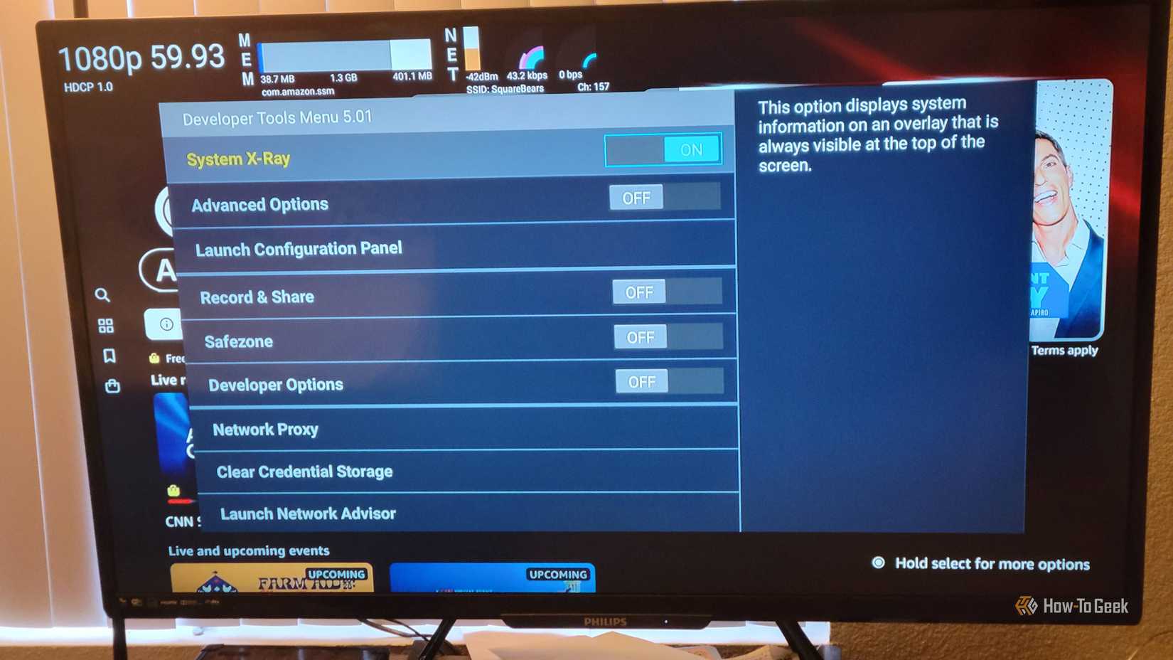 Панель System X-Ray на экране телевизора с Fire TV