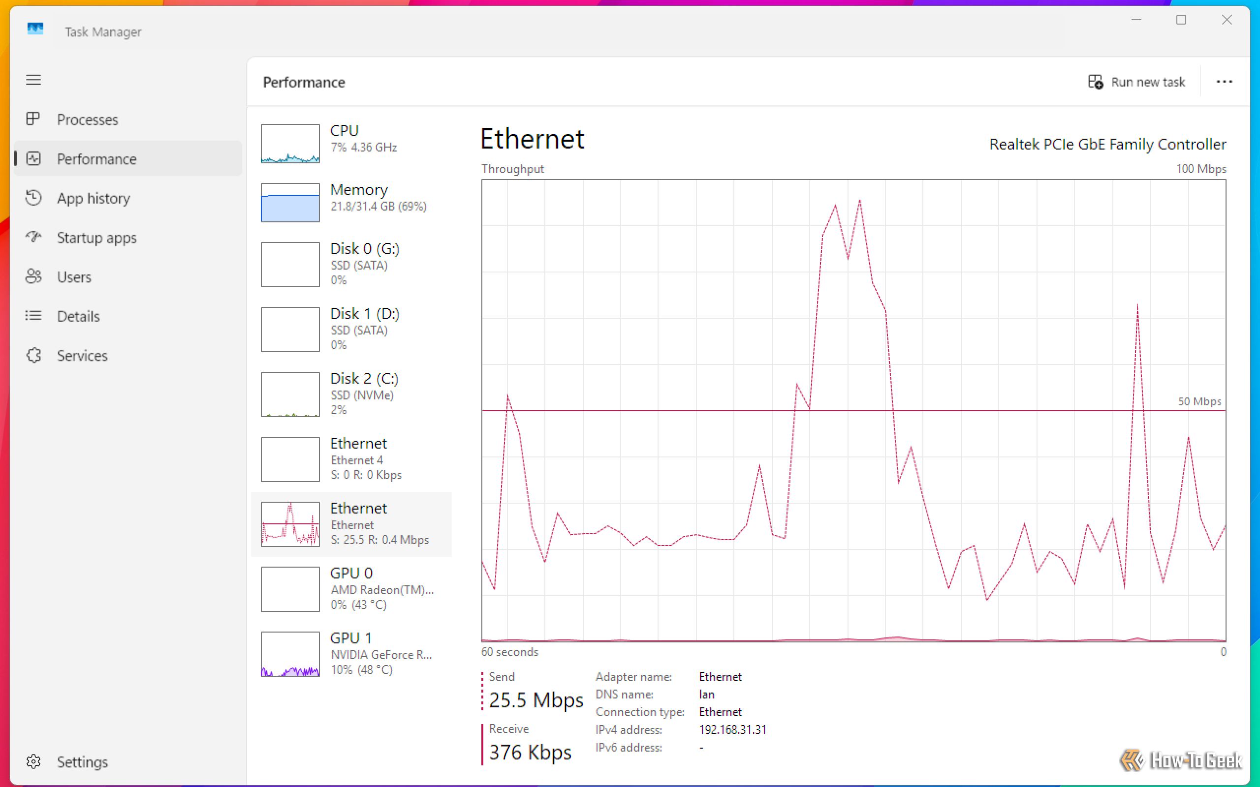 Task Manager Performance tab showing the Ethernet throughput graph sending 25.5 Mbps and receiving 376 Kbps.-1