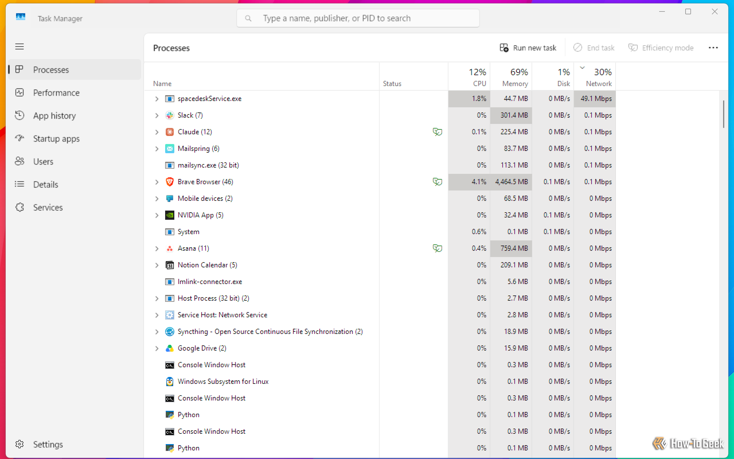 Task Manager Processes tab sorted by Network with spacedeskService.exe using 49.1 Mbps in real time.-1