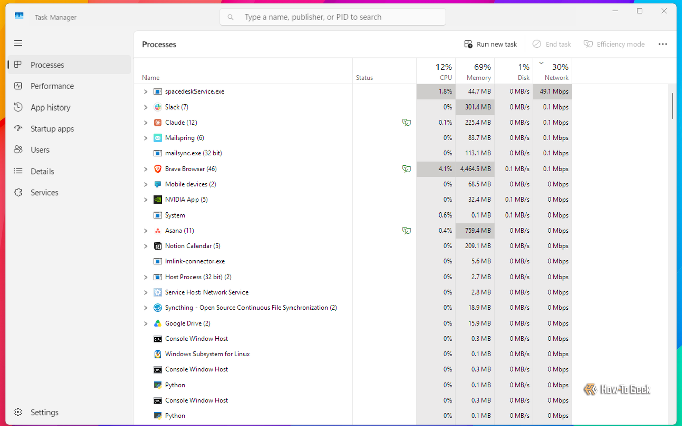 Task Manager Processes tab sorted by Network with spacedeskService.exe using 49.1 Mbps in real time.-1