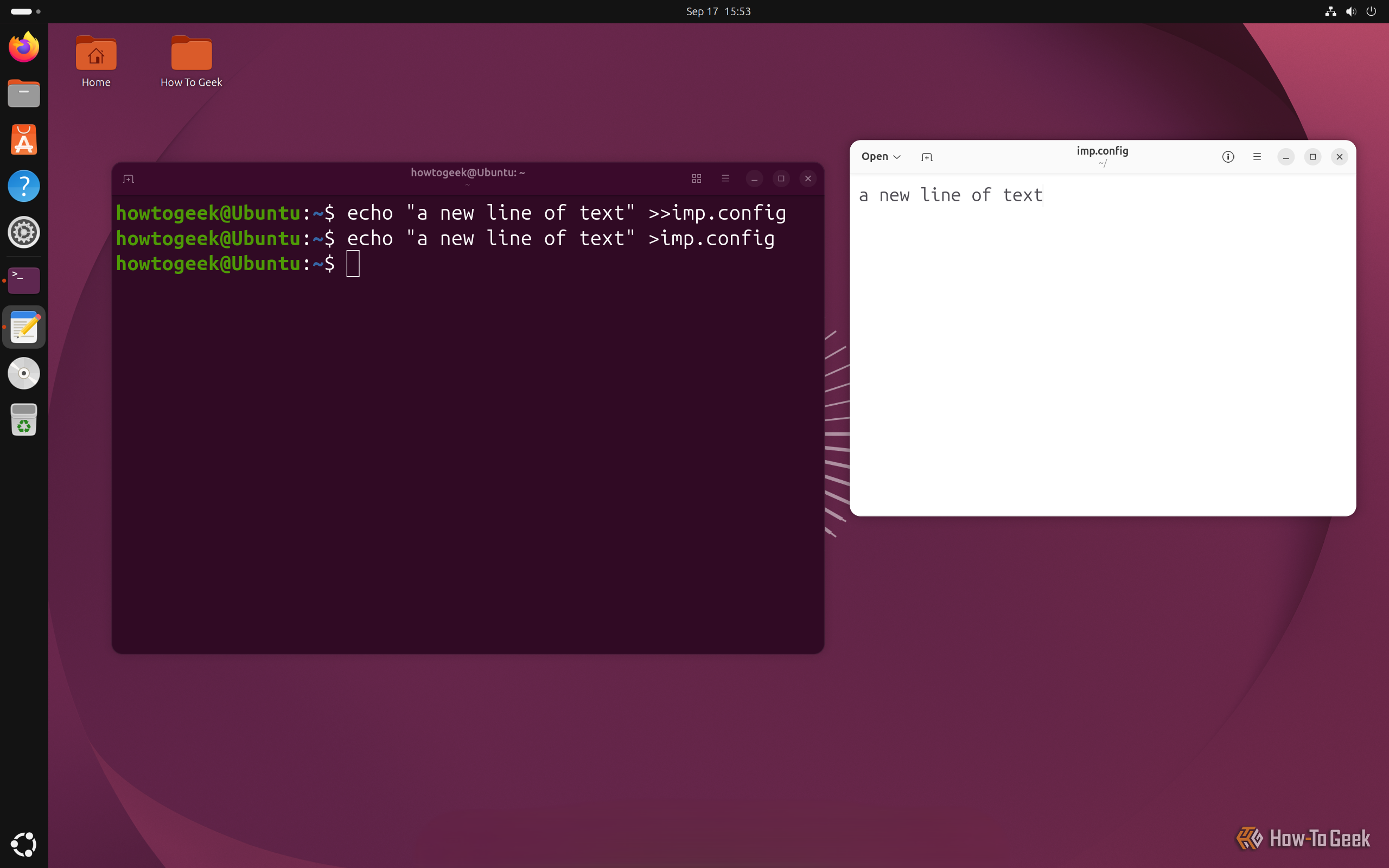 Terminal after running the single-arrow version, with imp.config open in Text Editor reduced to the one echoed line.