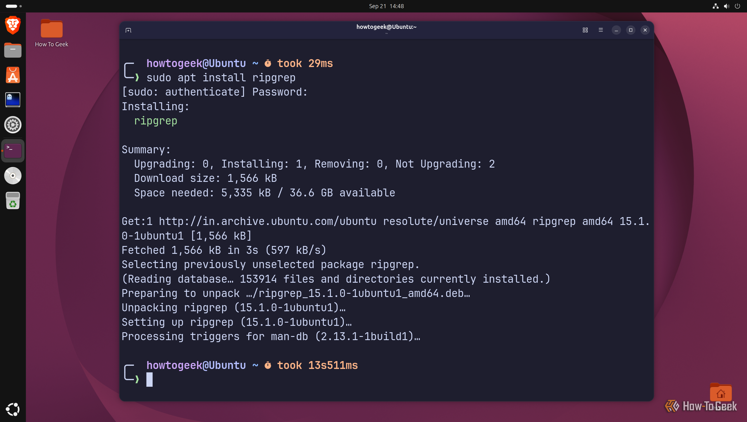 A Linux terminal running sudo apt install ripgrep.