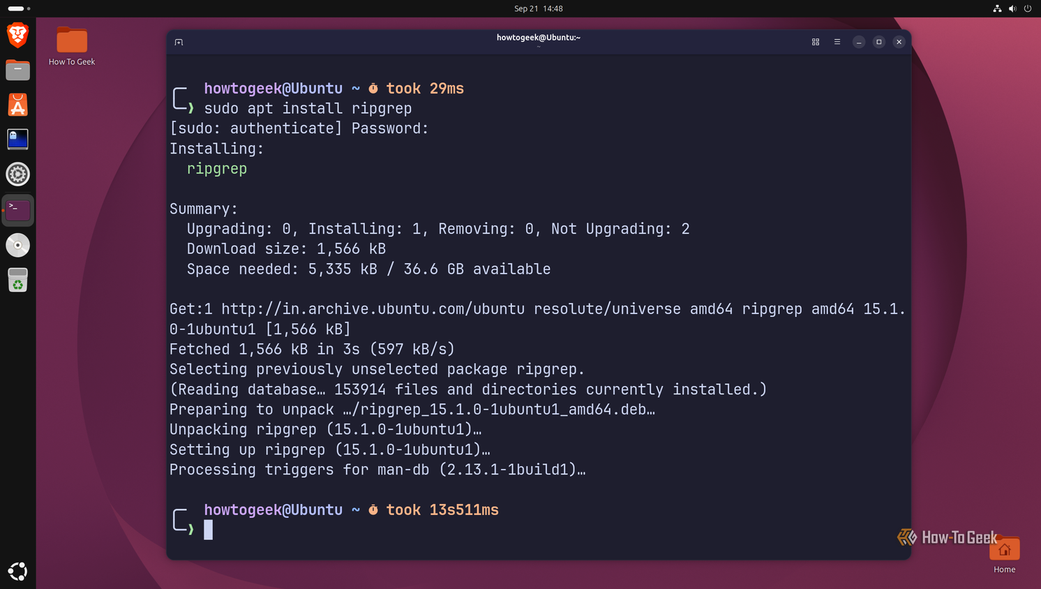 A Linux terminal running sudo apt install ripgrep.