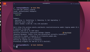 A Linux terminal running sudo apt install ripgrep.