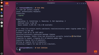A Linux terminal running sudo apt install ripgrep.