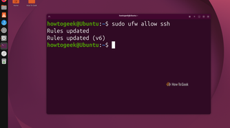 Terminal running sudo ufw allow ssh and returning Rules updated for IPv4 and IPv6.