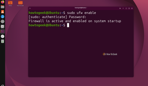 Terminal running sudo ufw enable and confirming the firewall is active and enabled on system startup.