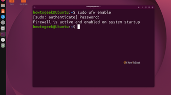 Terminal running sudo ufw enable and confirming the firewall is active and enabled on system startup.