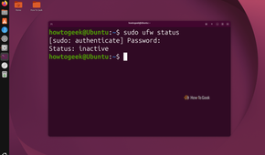 Terminal running sudo ufw status and reporting Status inactive before any rules are added.