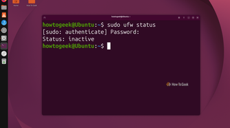 Terminal running sudo ufw status and reporting Status inactive before any rules are added.