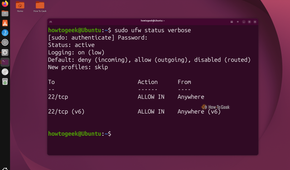 Terminal running sudo ufw status verbose showing 22-tcp ALLOW IN Anywhere for IPv4 and IPv6.
