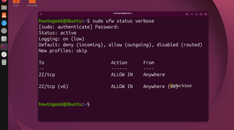 Terminal running sudo ufw status verbose showing 22-tcp ALLOW IN Anywhere for IPv4 and IPv6.