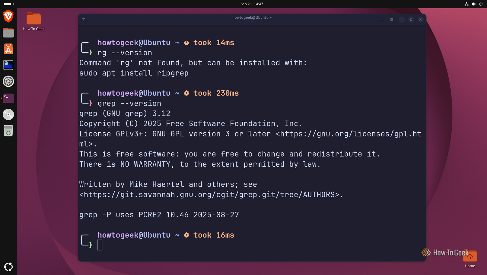 Terminal showing rg --version returning command not found but grep --version reporting GNU grep 3.12.