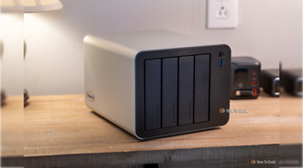 terramaster-f4-425-pro nas front four bay chassis with usb port and power button sitting on a table.