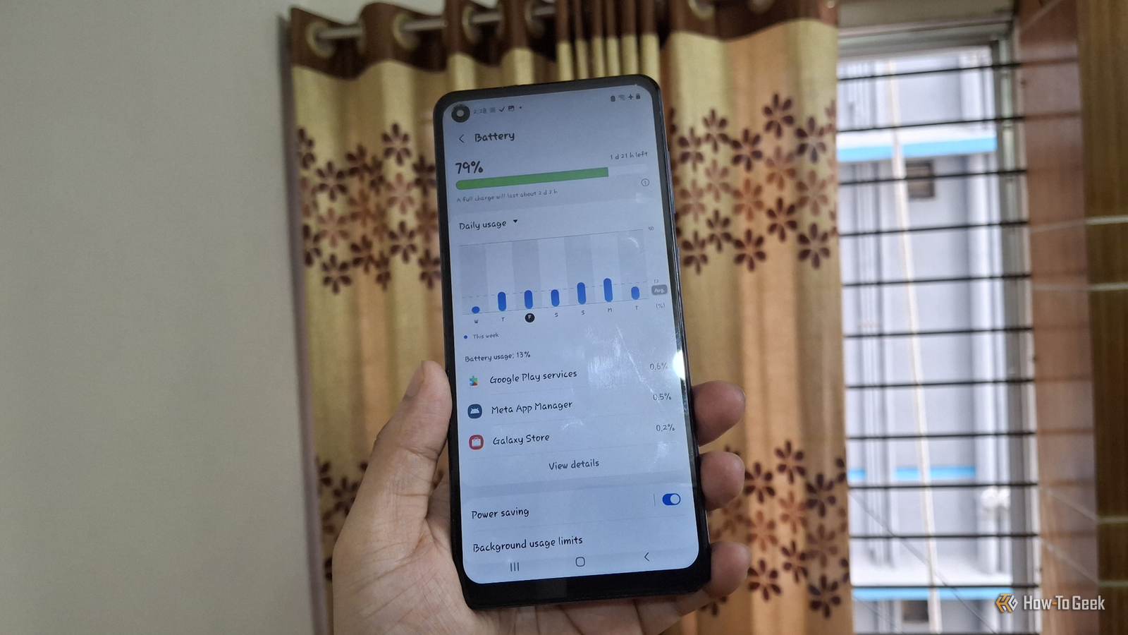 The Samsung Galaxy A21s phone showing it's battery usage of different apps.