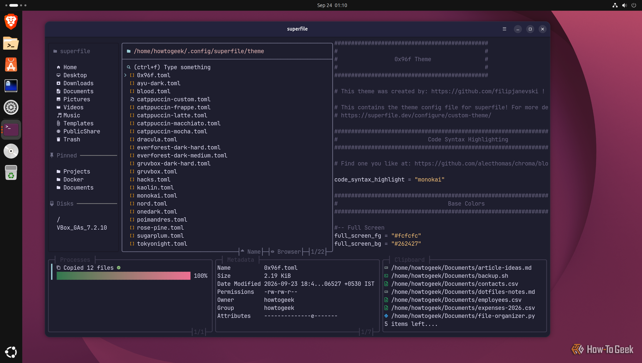 The superfile theme folder listing the 20+ bundled presets with 0x96f.toml previewed.