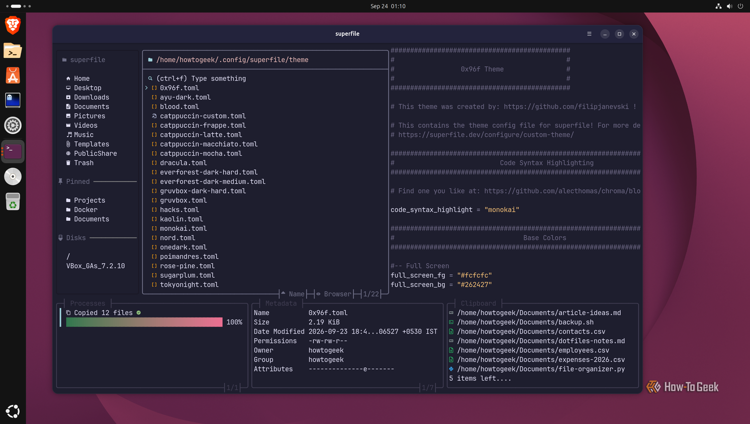 The superfile theme folder listing the 20+ bundled presets with 0x96f.toml previewed.