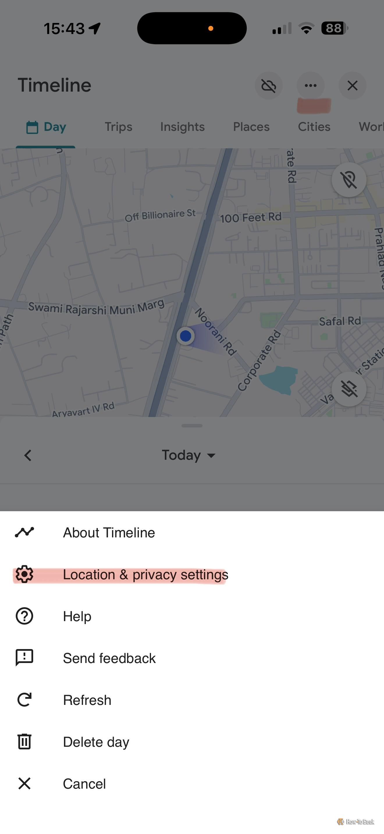 Меню параметров приватности в Google Maps