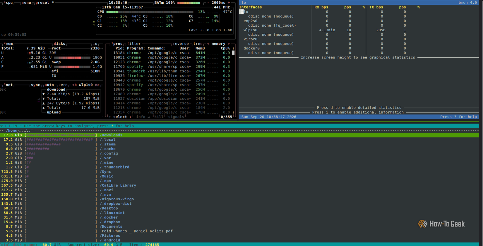 A Linux Terminal showing three monitoring tools open in three separate vertical and horizontal windows.