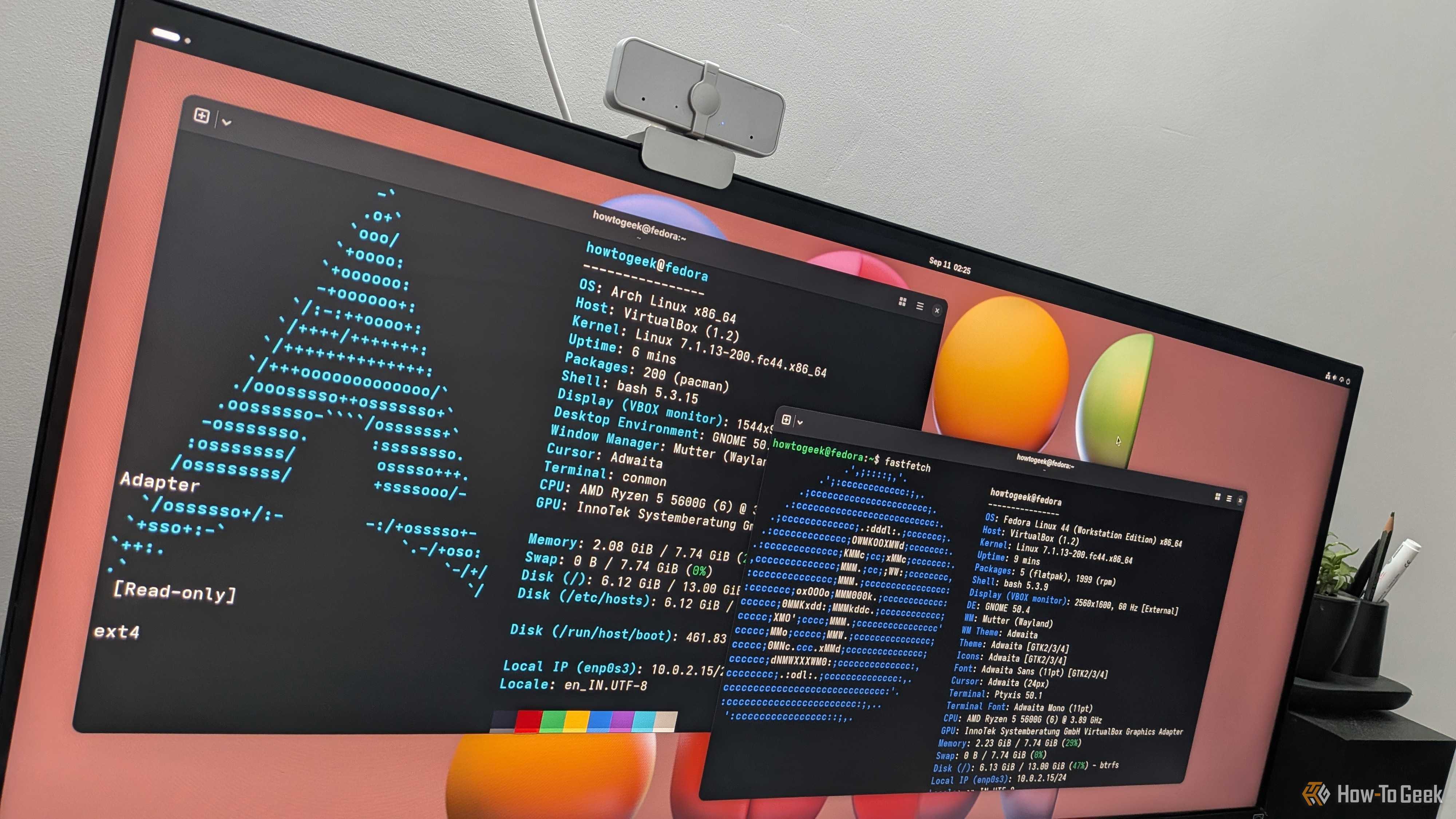 Two Linux terminals open with one showing fast fetch results for Fedora and one for Arch Linux.