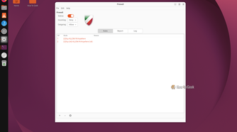 Ubuntu Firewall Configuration GUI with the status toggle on and the two 22-tcp ALLOW IN rules listed.
