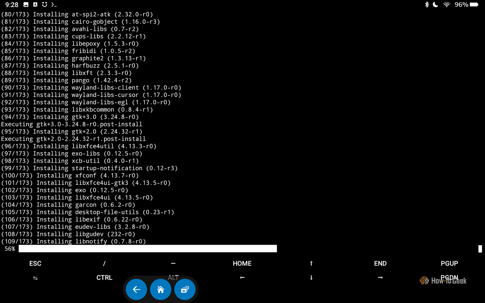 An Ubuntu installation showing 56% complete on Termux.