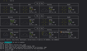 Terminal output displaying a three-day ASCII weather forecast for Seattle from wttr.in, followed by a list of historical events for September 20 printed by the calendar utility.
