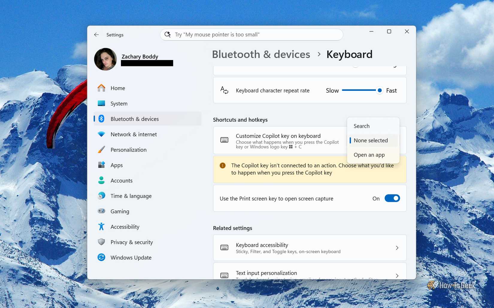 Screenshot of Windows 11's Settings and the option to customize the Copilot key and shortcut.