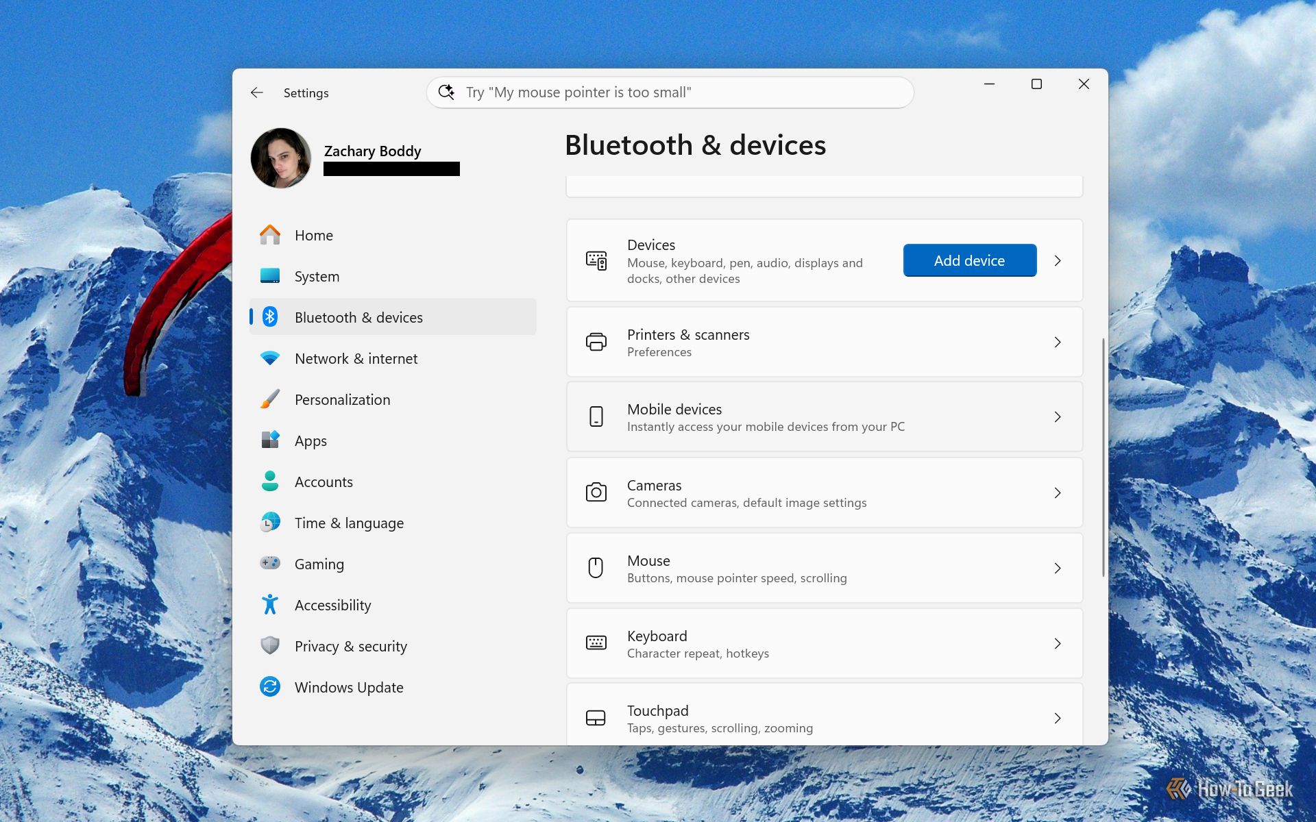 Screenshot of Windows 11's Settings and the "Bluetooth & devices" page.
