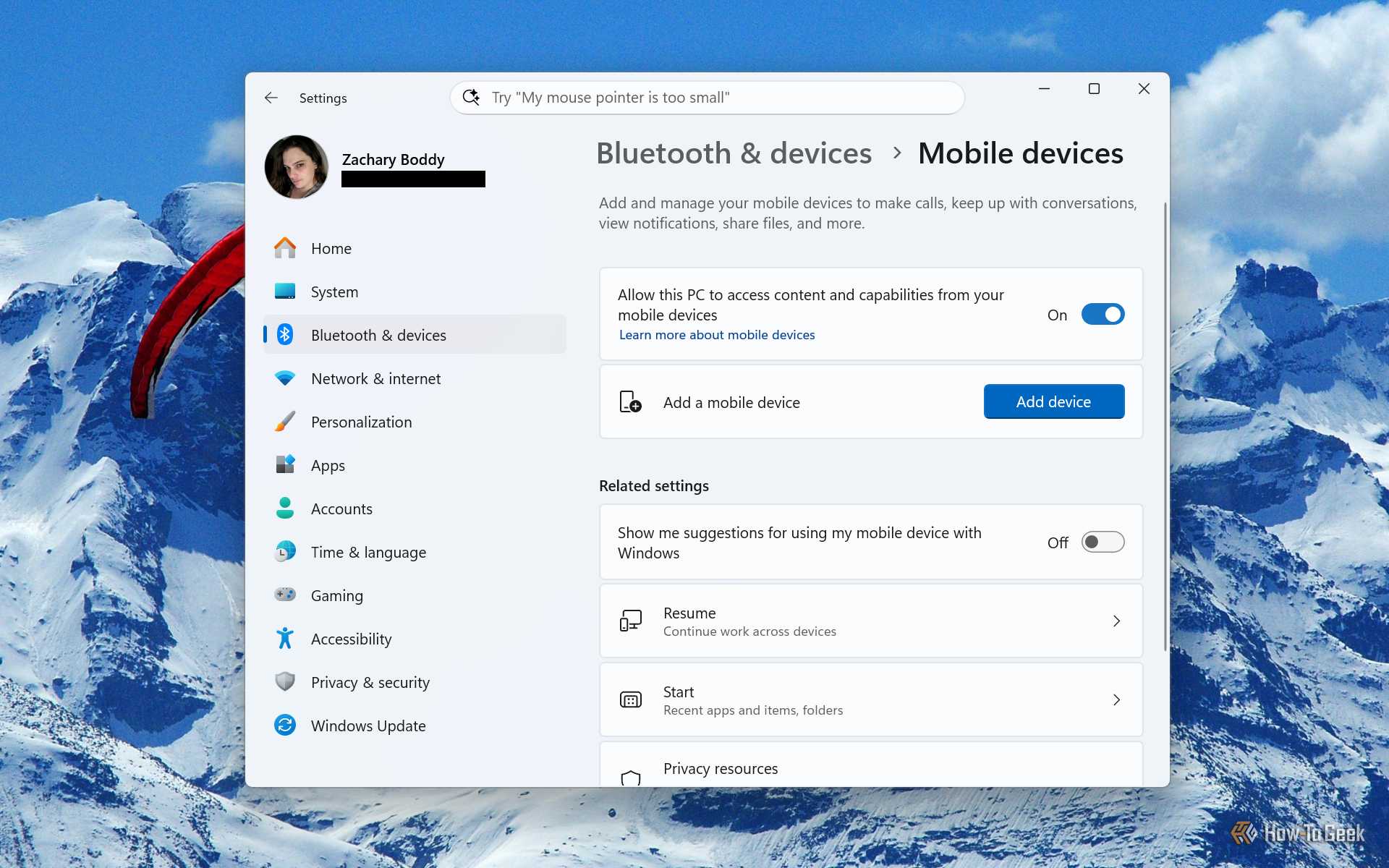 Screenshot of Windows 11's Settings and the "Mobile devices" page.