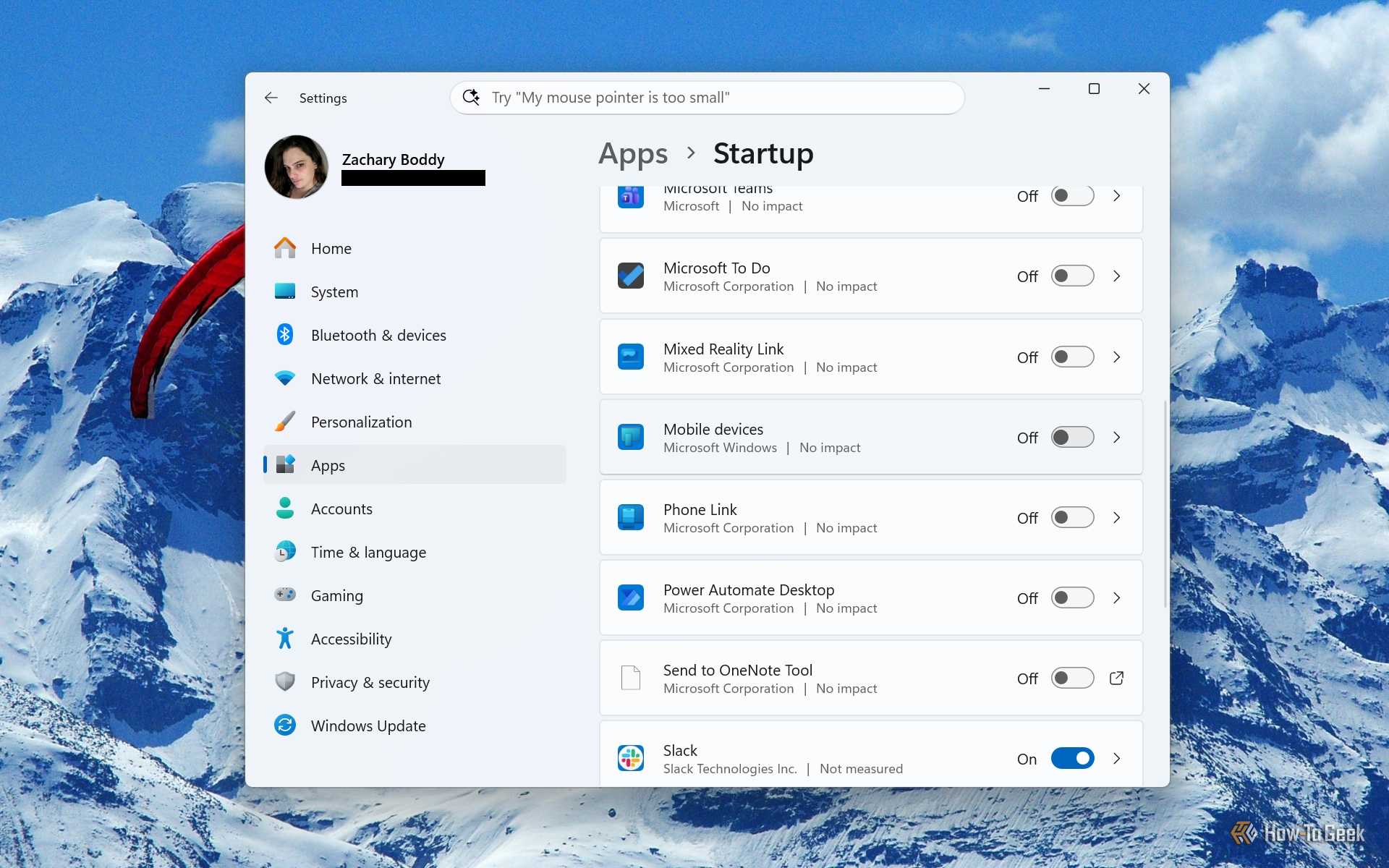 Screenshot of Windows 11's Settings and the "Startup apps" page.