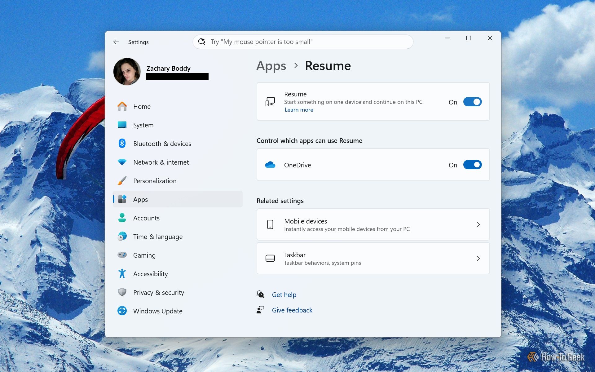 Screenshot of Windows 11's Settings and the "Resume" page.