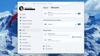 Screenshot of Windows 11's Settings and the "Resume" page.