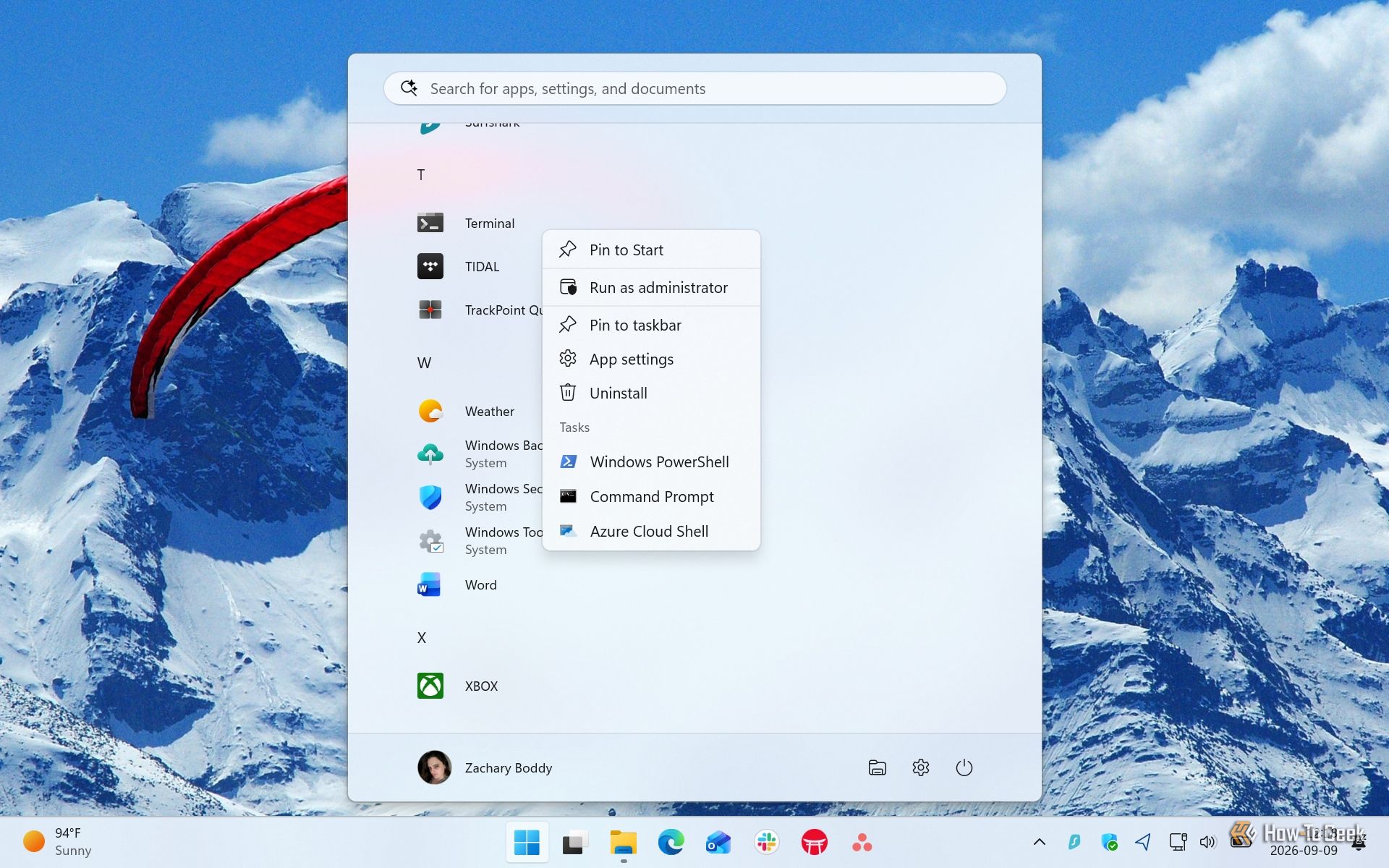 Screenshot of Windows 11's Start Menu with the context menu for Terminal.