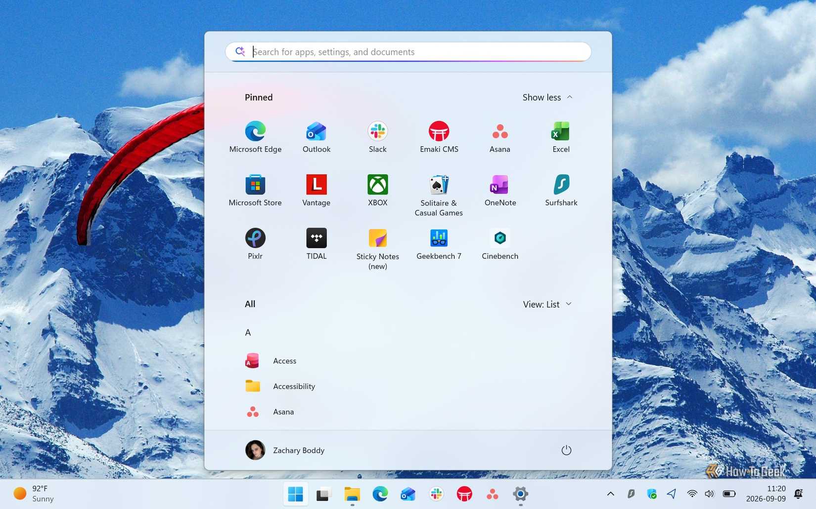 Screenshot of the Windows 11 Start Menu with several features disabled.