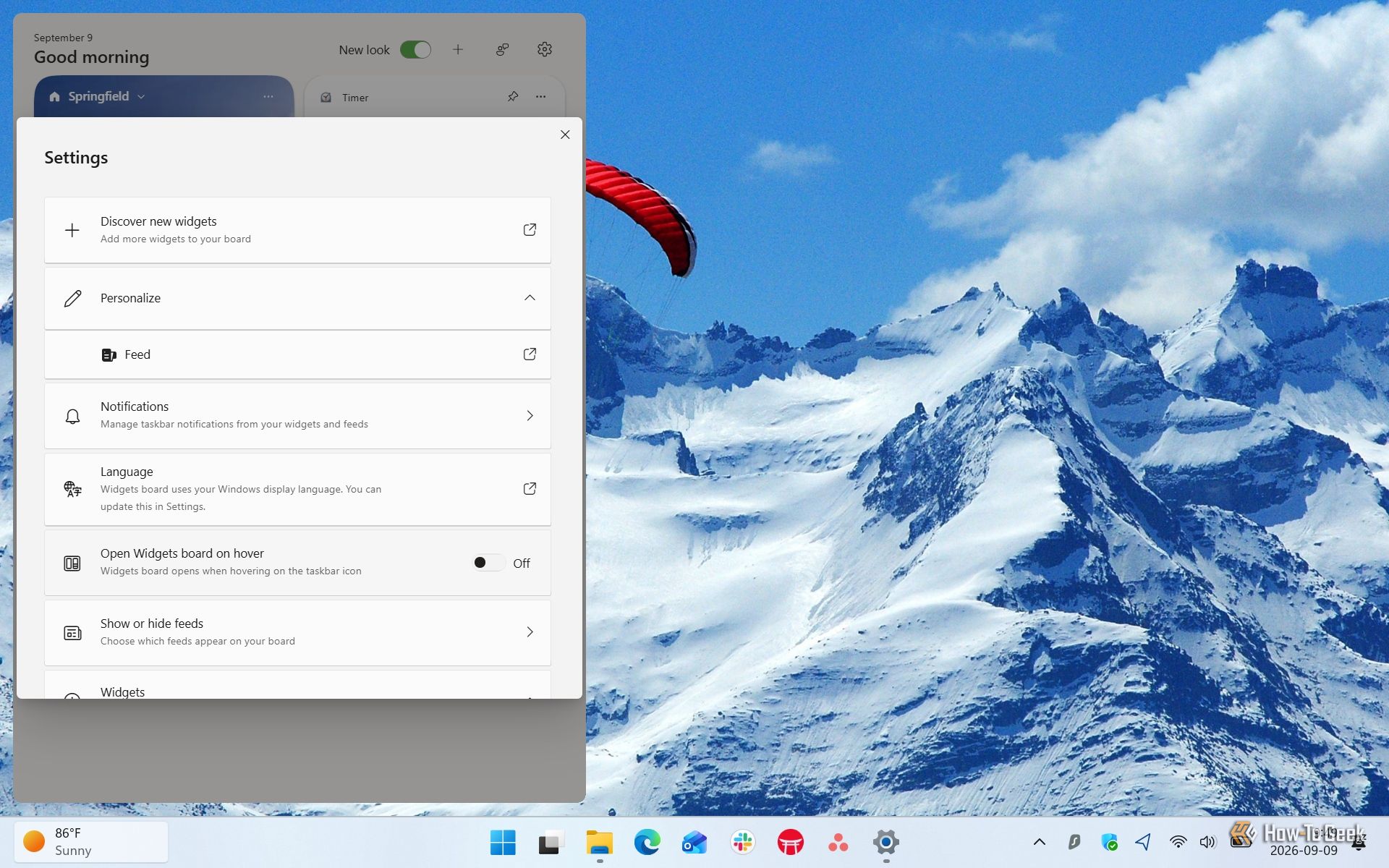Screenshot of Windows 11's Widgets board and its settings.
