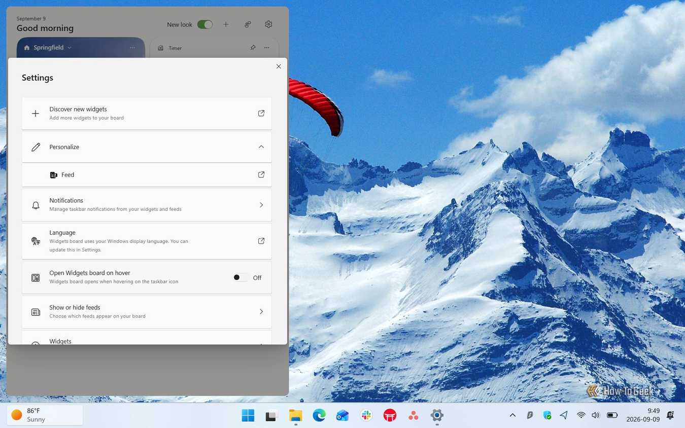 Screenshot of Windows 11's Widgets board and its settings.