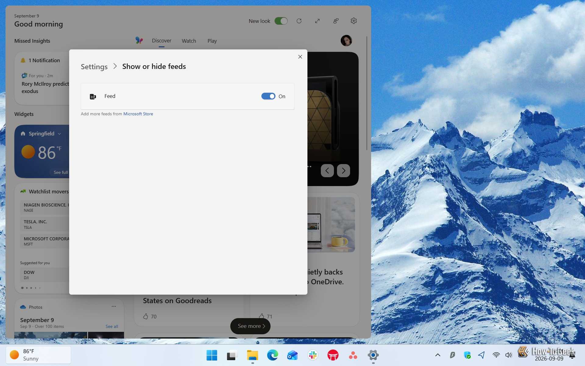 Screenshot of Windows 11's Widgets board and its "Show or hide feeds" option.