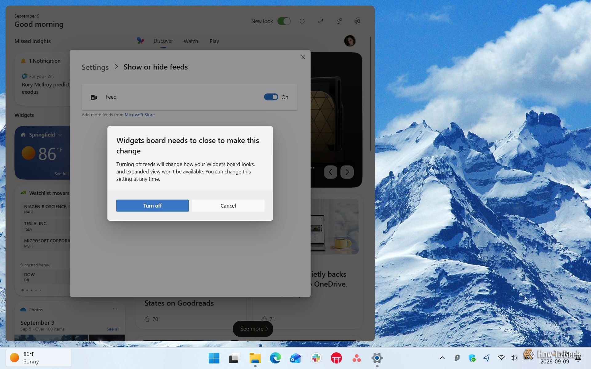 Screenshot of Windows 11's Widgets board and its confirmation for disabling a feed.