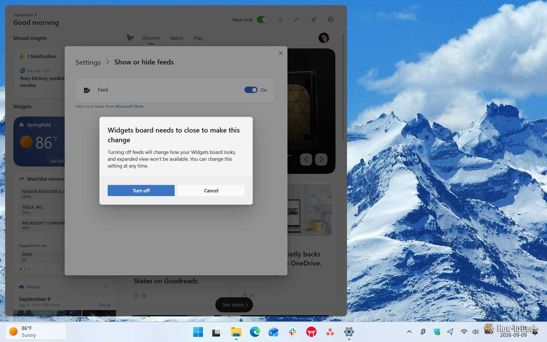 Screenshot of Windows 11's Widgets board and its confirmation for disabling a feed.