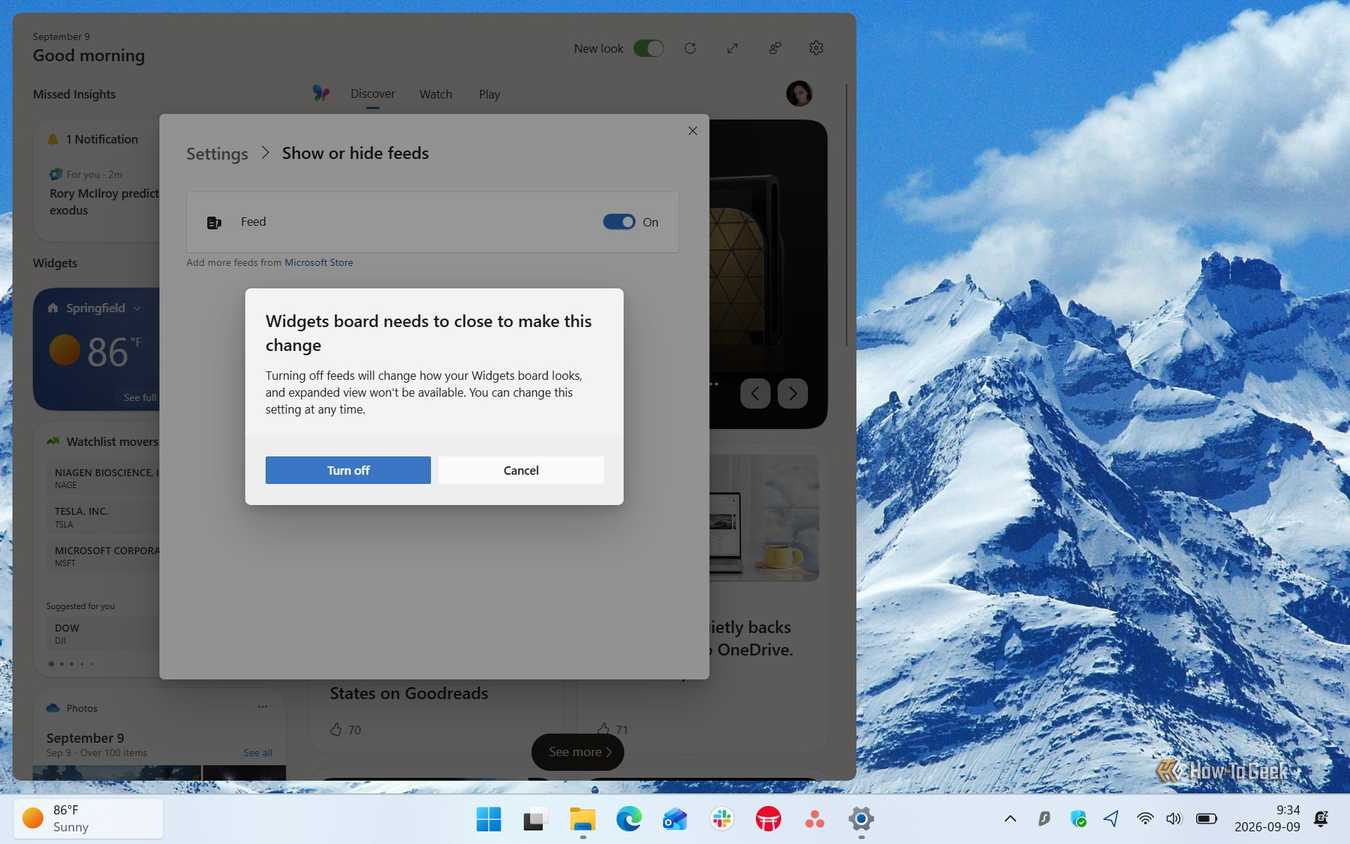 Screenshot of Windows 11's Widgets board and its confirmation for disabling a feed.
